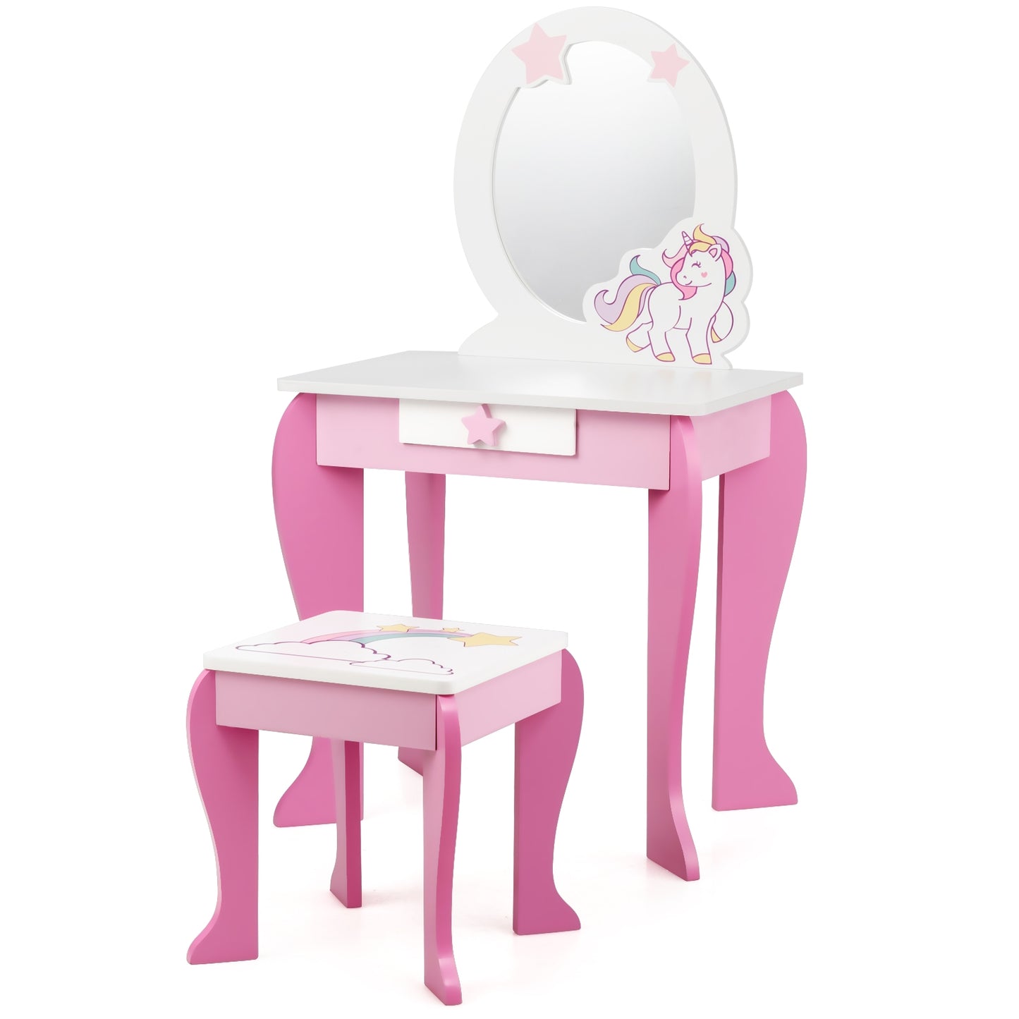 Kids Wooden Makeup Dressing Table and Chair Set with Mirror and Drawer-Pink Kids Crystal