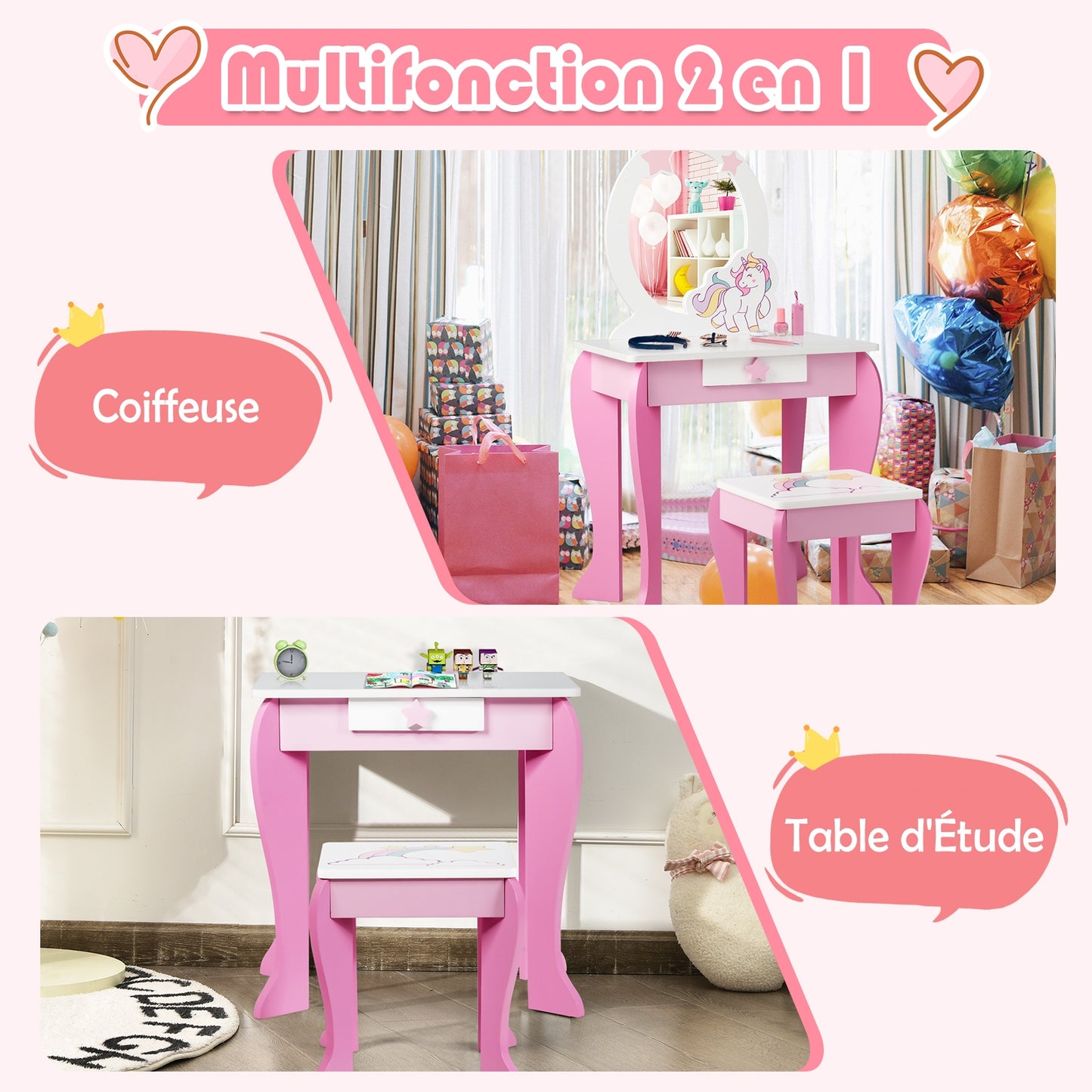 Kids Wooden Makeup Dressing Table and Chair Set with Mirror and Drawer-Pink Kids Crystal