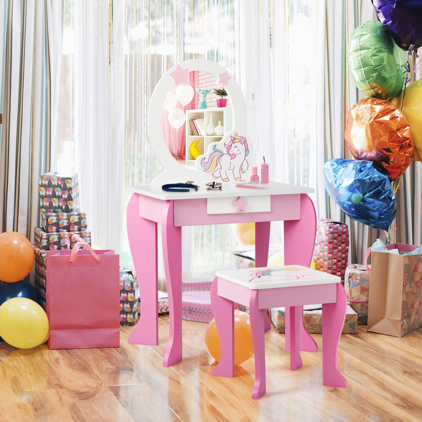 Kids Wooden Makeup Dressing Table and Chair Set with Mirror and Drawer-Pink Kids Crystal
