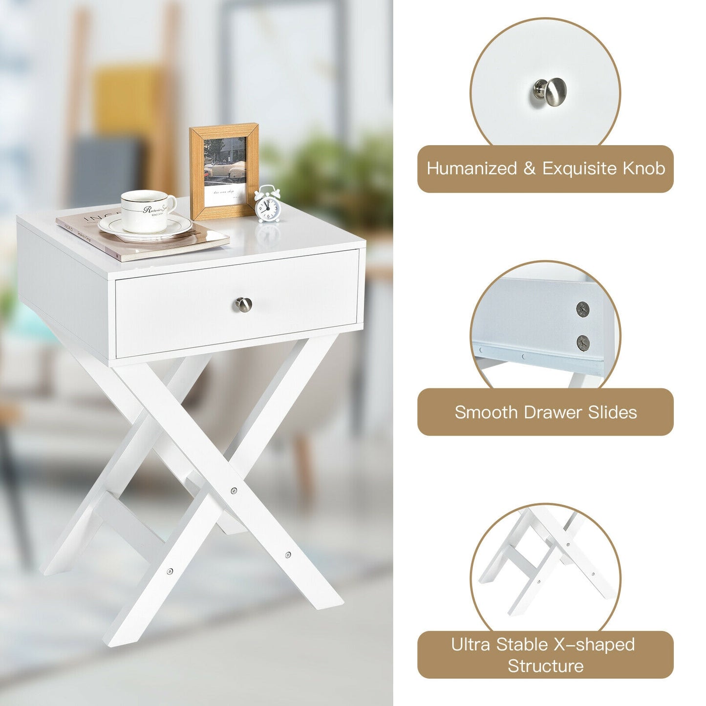 Modern X-Shaped Nightstand with Drawer for Living Room Bedroom-White Kids Crystal