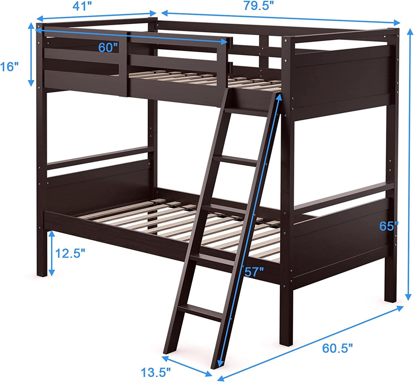 Twin Over Twin Bunk Bed Convertible 2 Individual Beds Wooden -Espresso Kids Crystal