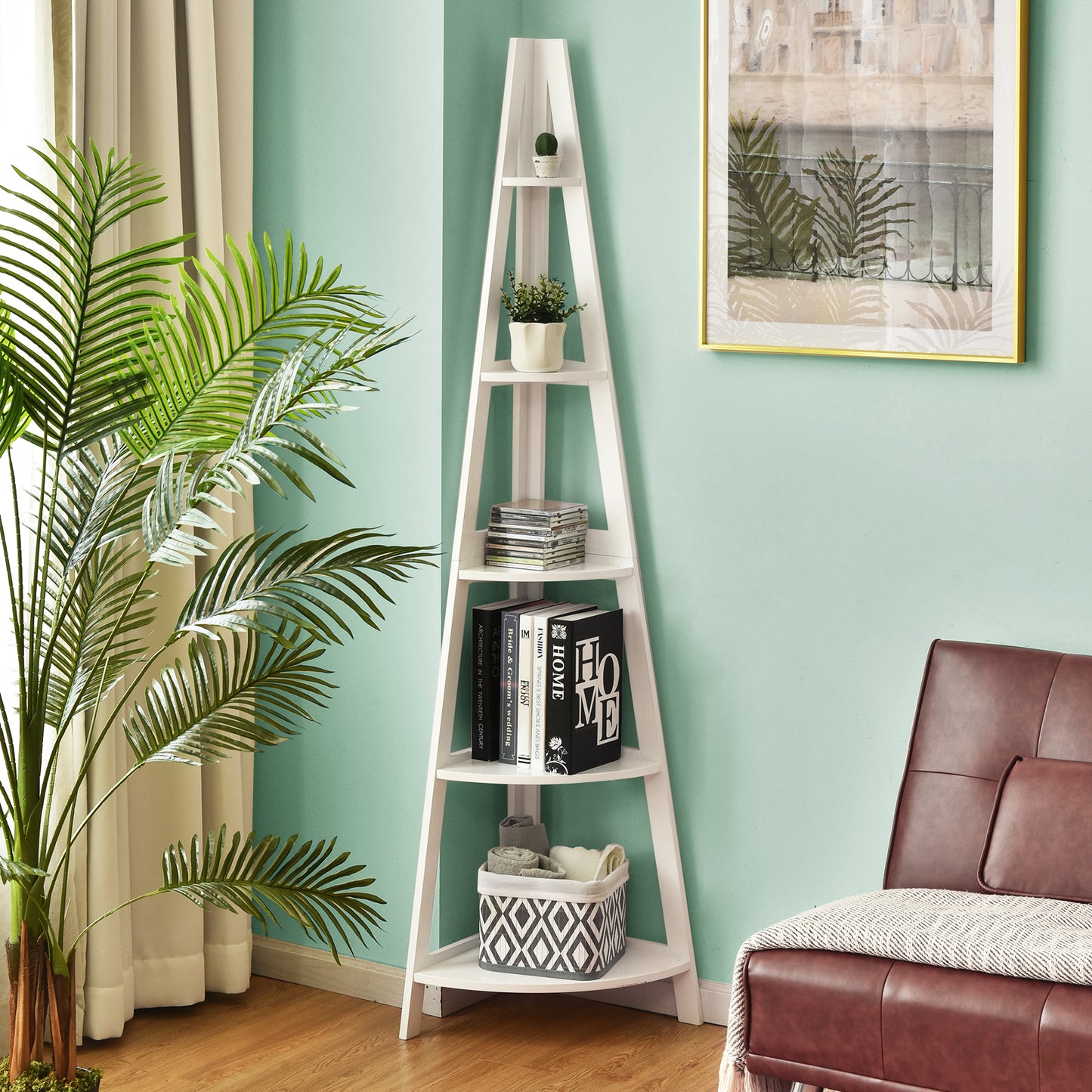 5-Tier Modern Corner Bookcase Shelf with Strong Wooden Frame-White Kids Crystal