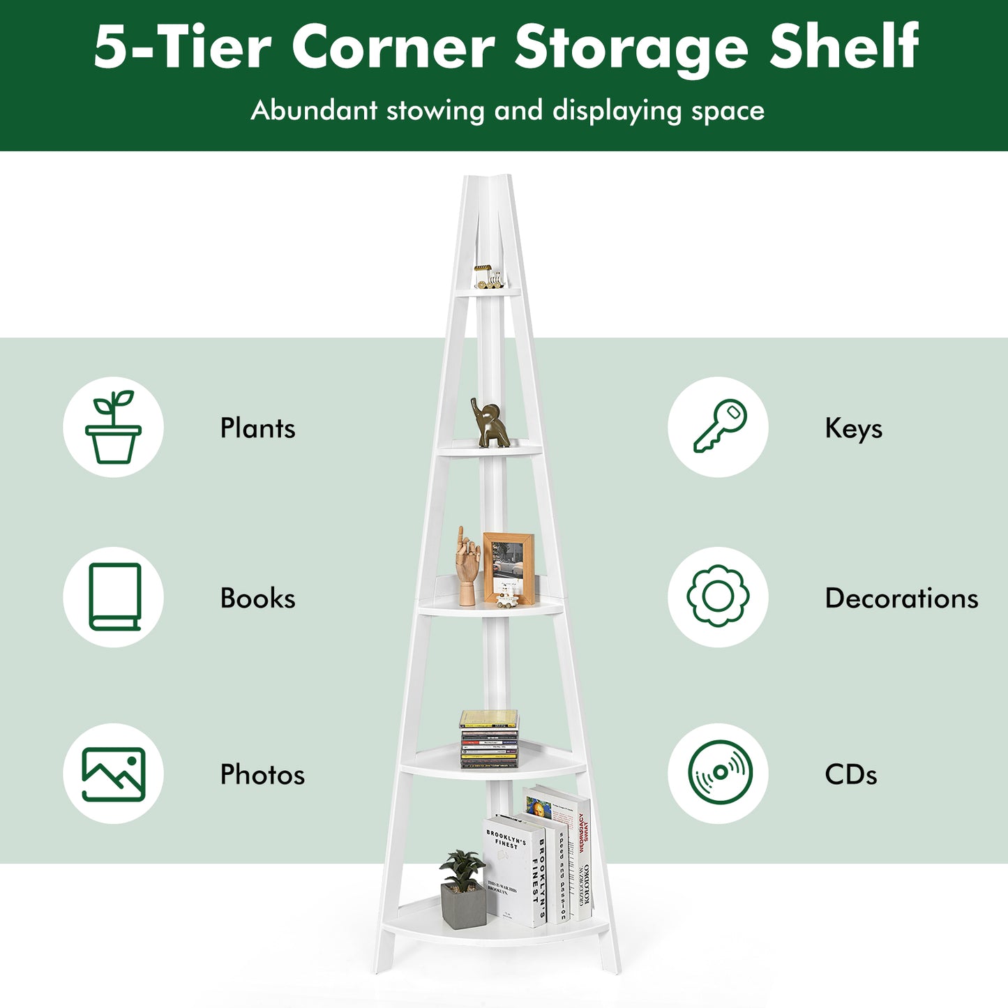5-Tier Modern Corner Bookcase Shelf with Strong Wooden Frame-White Kids Crystal