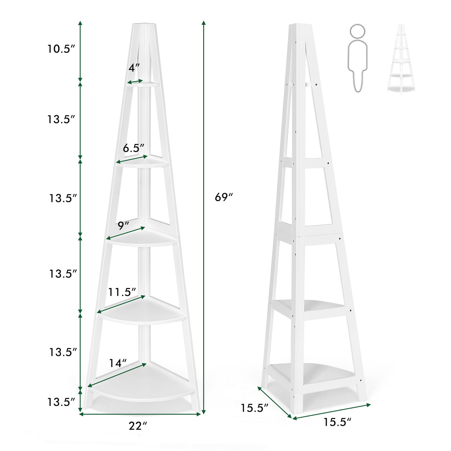 5-Tier Modern Corner Bookcase Shelf with Strong Wooden Frame-White Kids Crystal