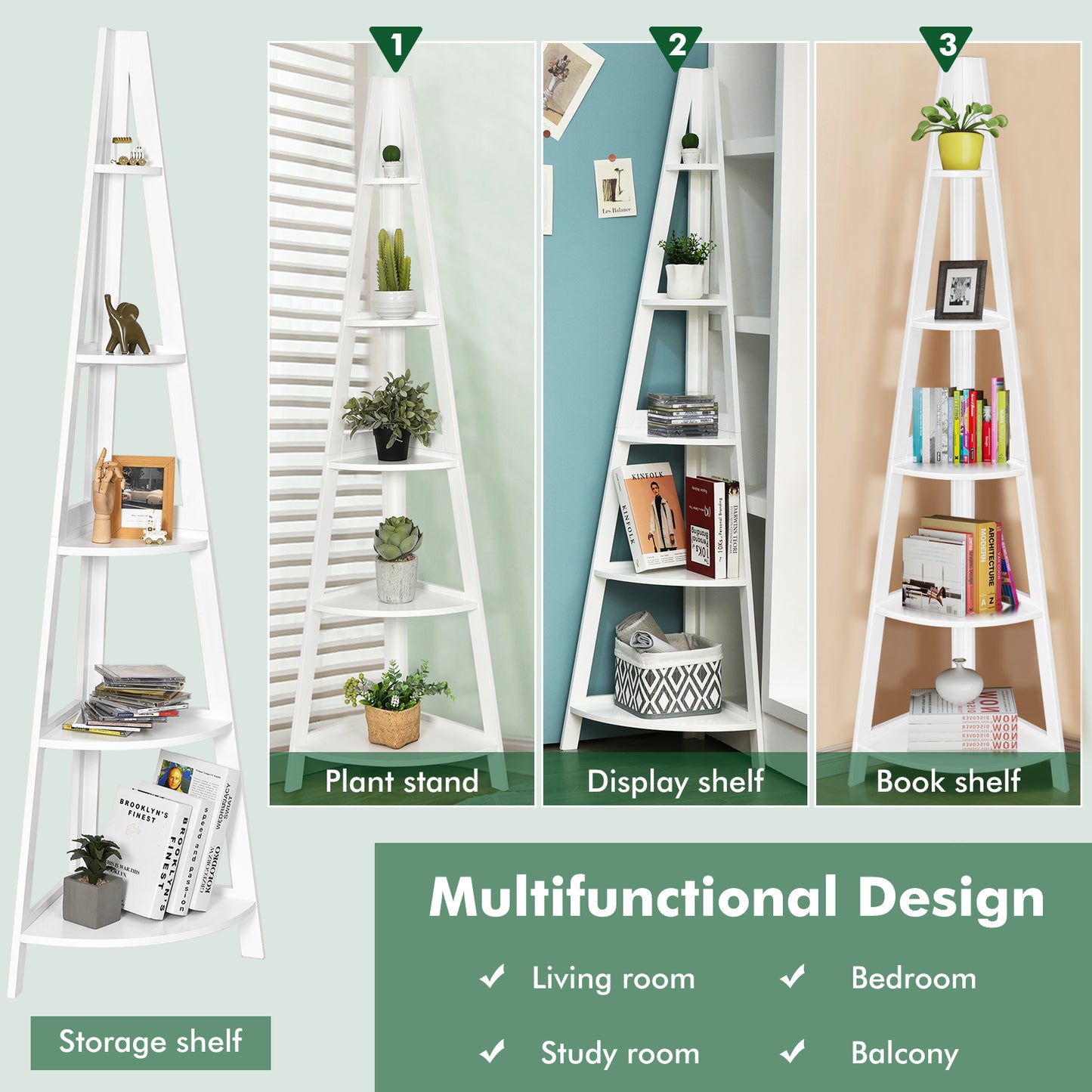 5-Tier Modern Corner Bookcase Shelf with Strong Wooden Frame-White Kids Crystal