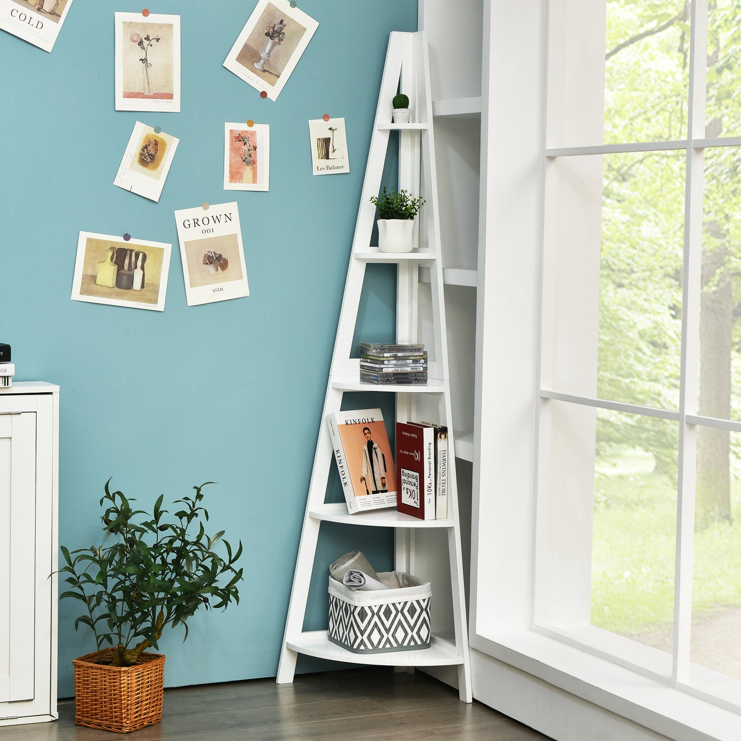 5-Tier Modern Corner Bookcase Shelf with Strong Wooden Frame-White Kids Crystal