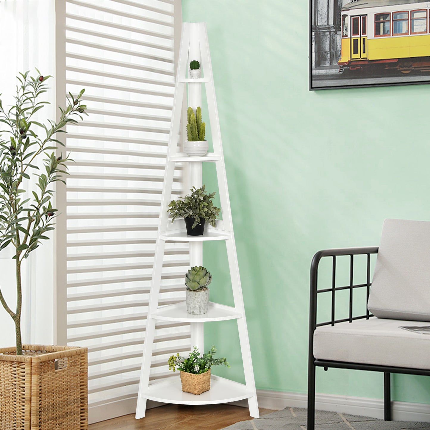 5-Tier Modern Corner Bookcase Shelf with Strong Wooden Frame-White Kids Crystal