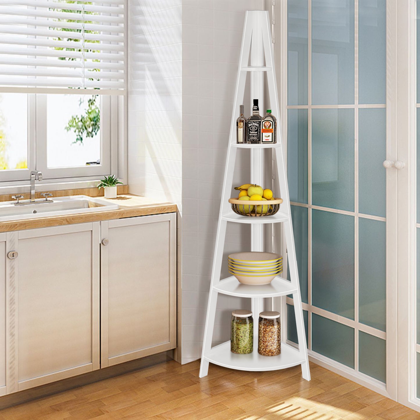 5-Tier Modern Corner Bookcase Shelf with Strong Wooden Frame-White Kids Crystal