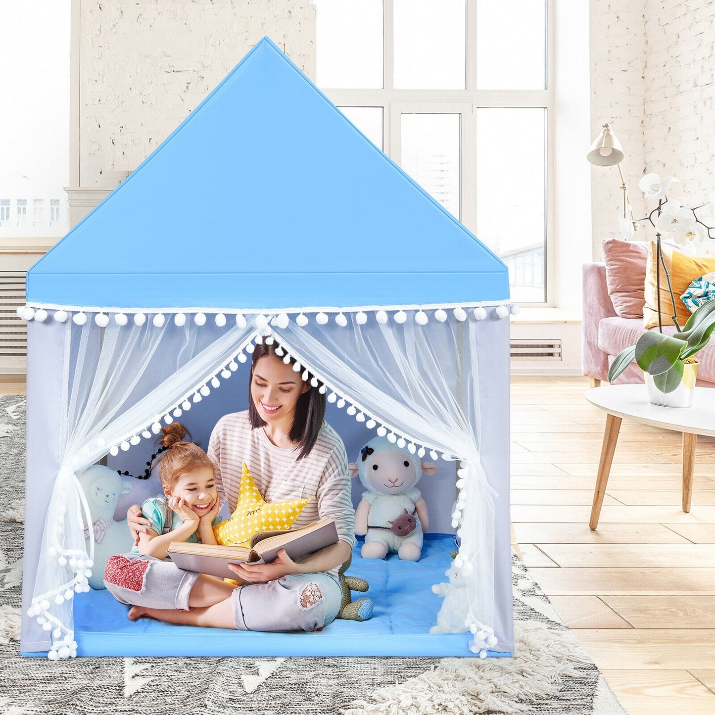 Kids Play Tent Large Playhouse Children Play Castle Fairy Tent Gift with Mat-Blue Kids Crystal