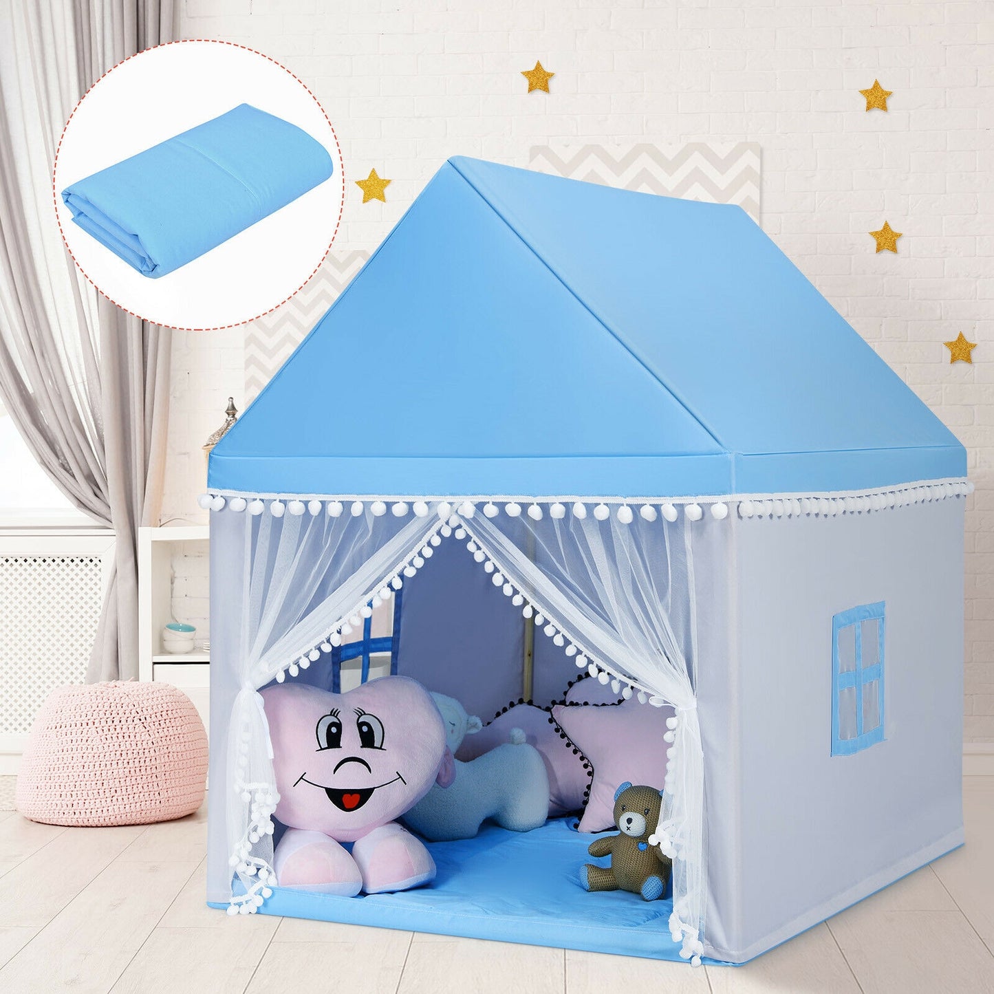 Kids Play Tent Large Playhouse Children Play Castle Fairy Tent Gift with Mat-Blue Kids Crystal