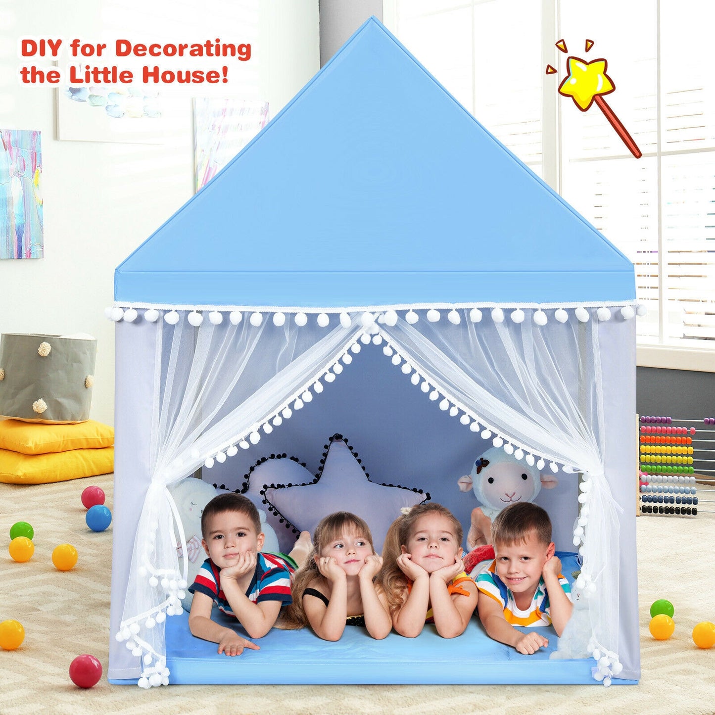 Kids Play Tent Large Playhouse Children Play Castle Fairy Tent Gift with Mat-Blue Kids Crystal