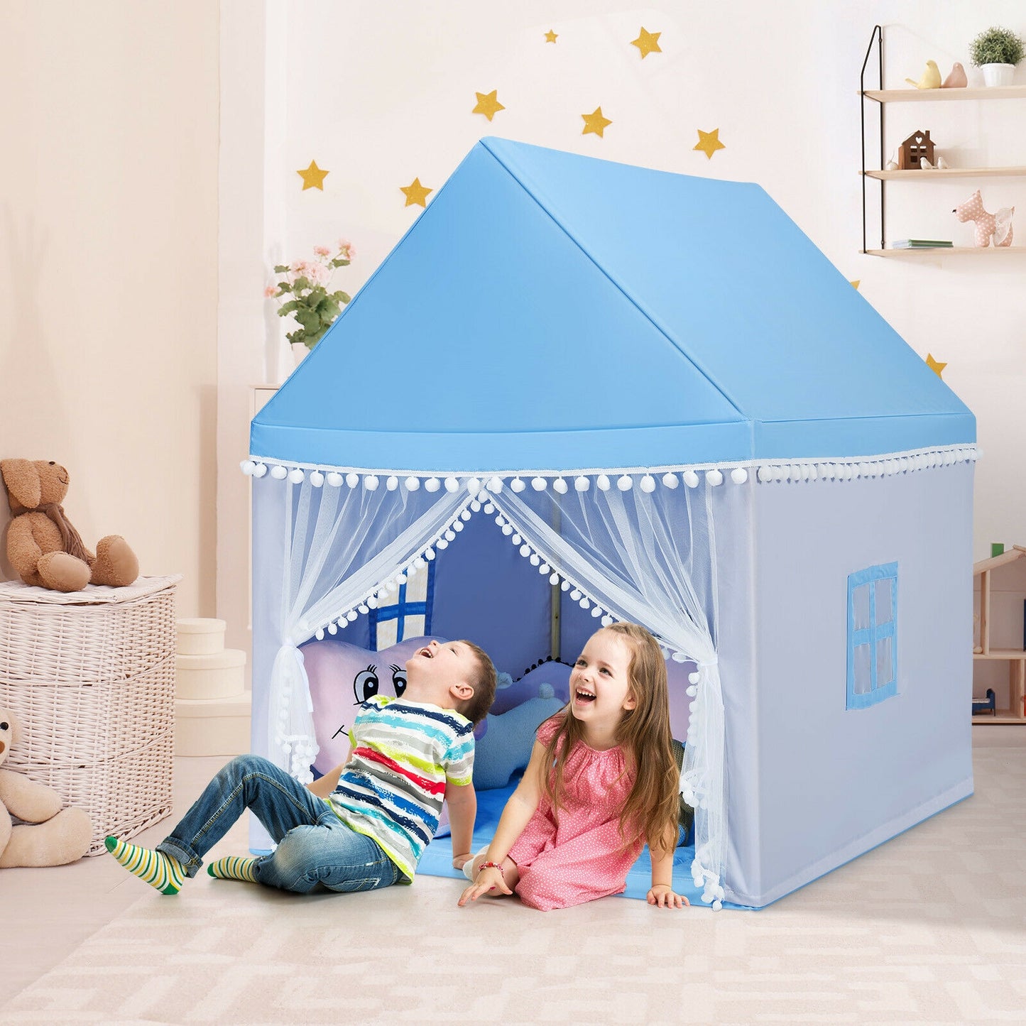 Kids Play Tent Large Playhouse Children Play Castle Fairy Tent Gift with Mat-Blue Kids Crystal