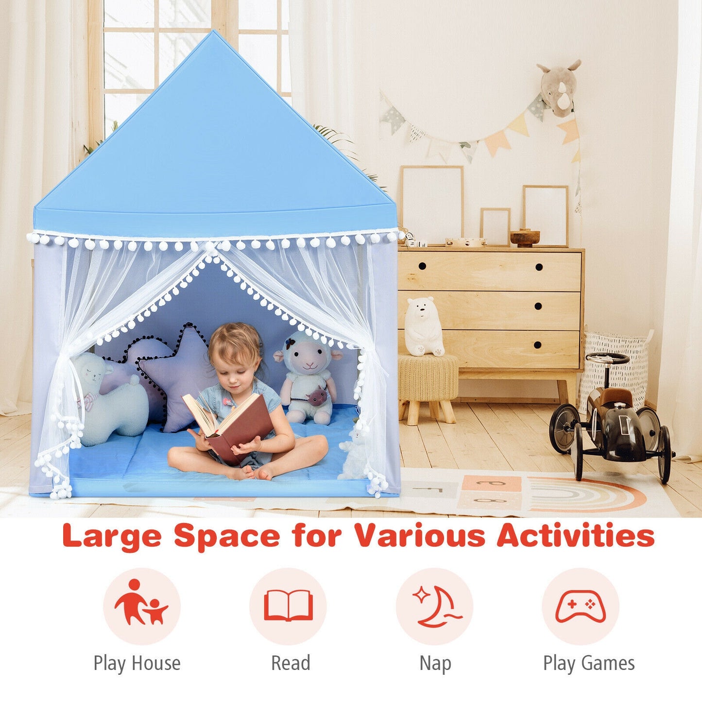 Kids Play Tent Large Playhouse Children Play Castle Fairy Tent Gift with Mat-Blue Kids Crystal