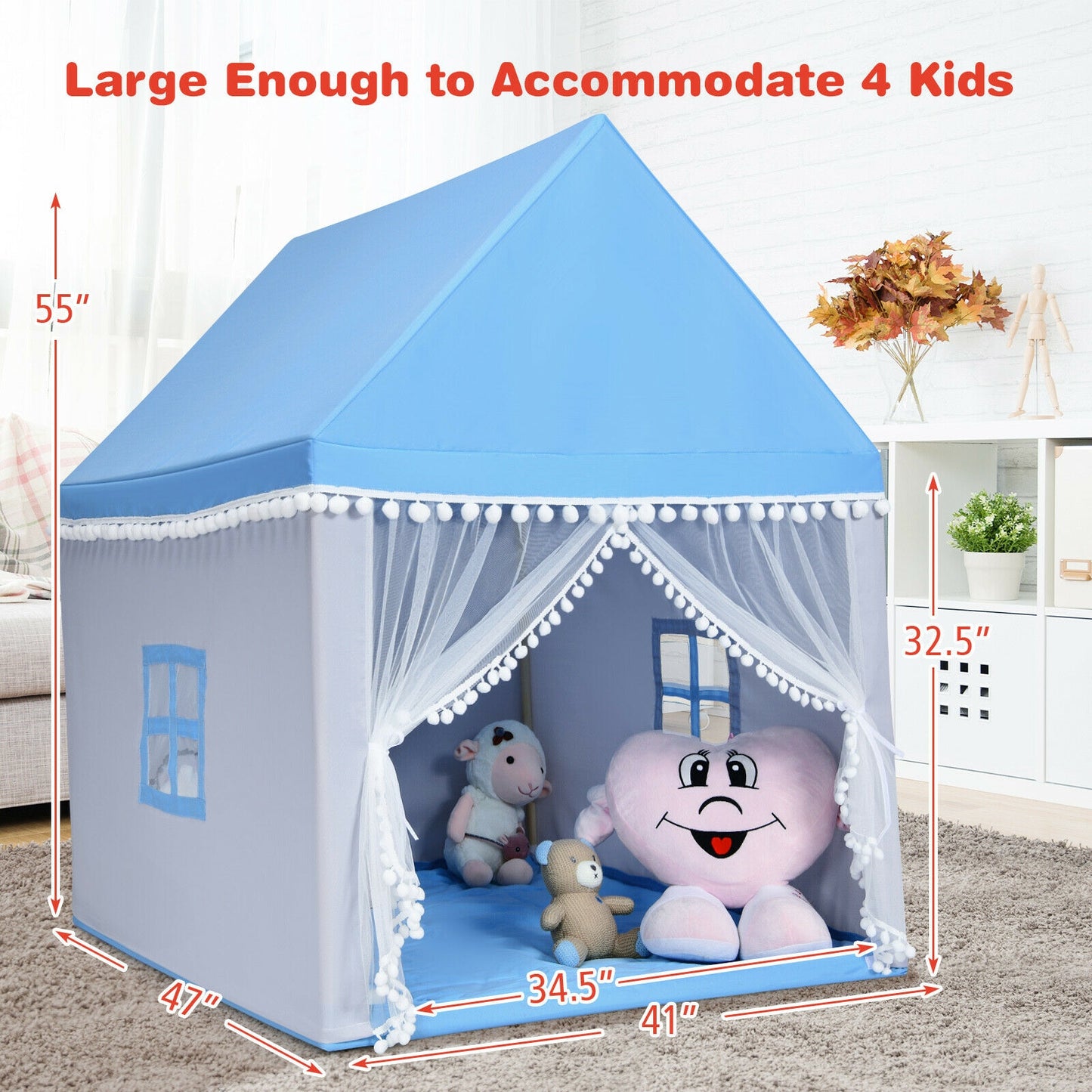 Kids Play Tent Large Playhouse Children Play Castle Fairy Tent Gift with Mat-Blue Kids Crystal