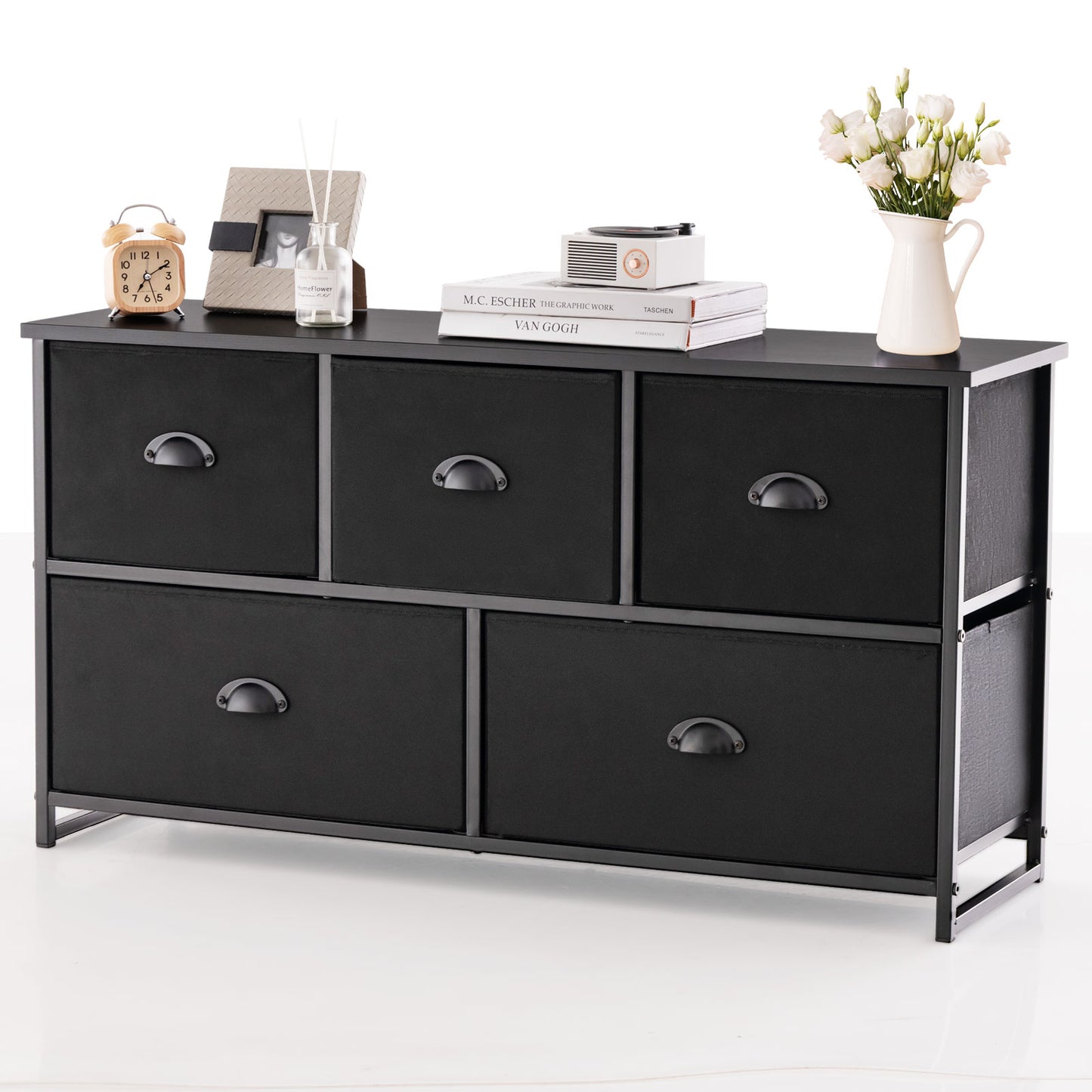 Dresser Storage Tower with 5 Foldable Cloth Storage Cubes-Black Kids Crystal