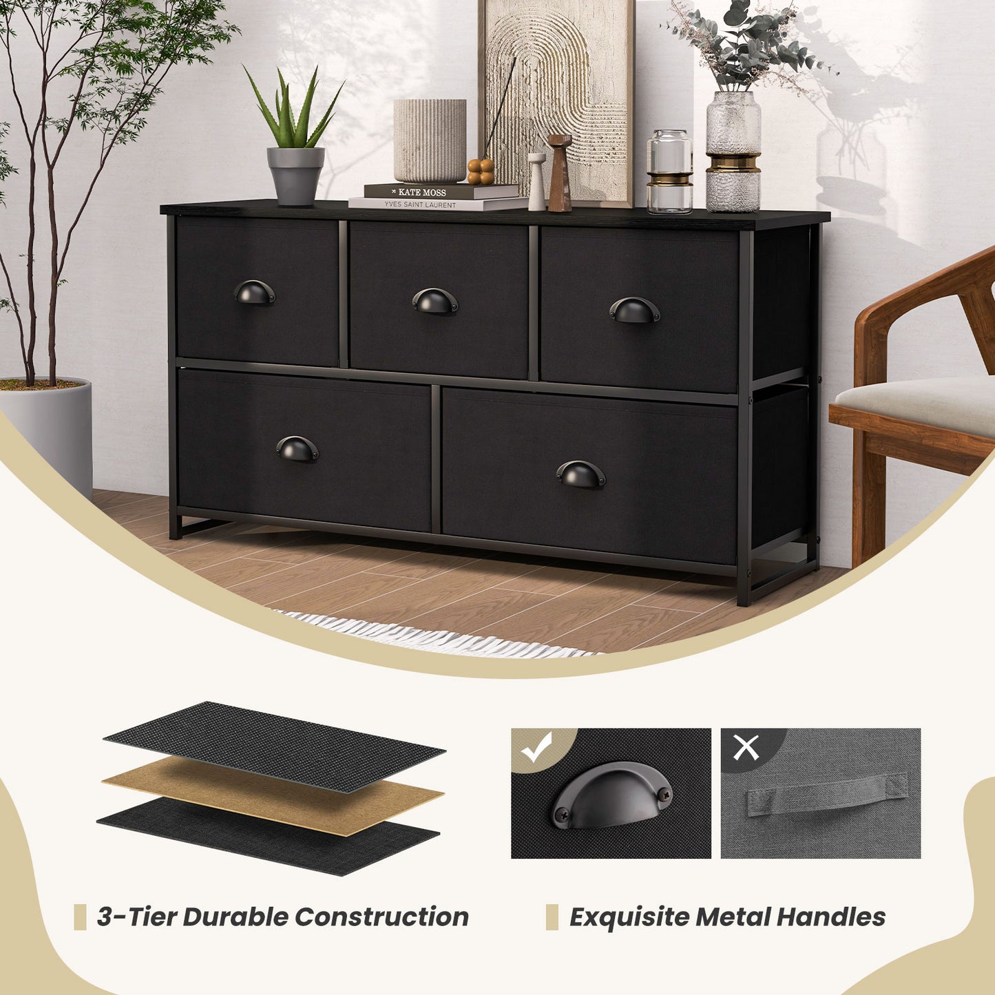 Dresser Storage Tower with 5 Foldable Cloth Storage Cubes-Black Kids Crystal