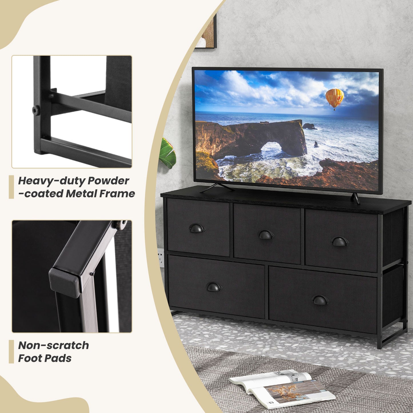 Dresser Storage Tower with 5 Foldable Cloth Storage Cubes-Black Kids Crystal