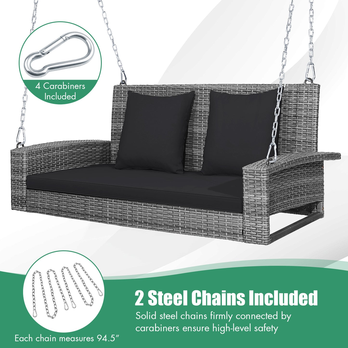 2-Person Patio PE Wicker Hanging Porch Swing Bench Chair Cushion 800 Pounds-Black Kids Crystal