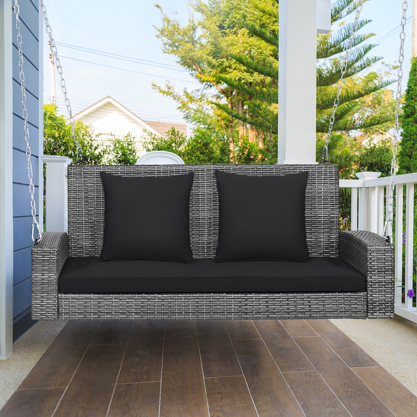 2-Person Patio PE Wicker Hanging Porch Swing Bench Chair Cushion 800 Pounds-Black Kids Crystal