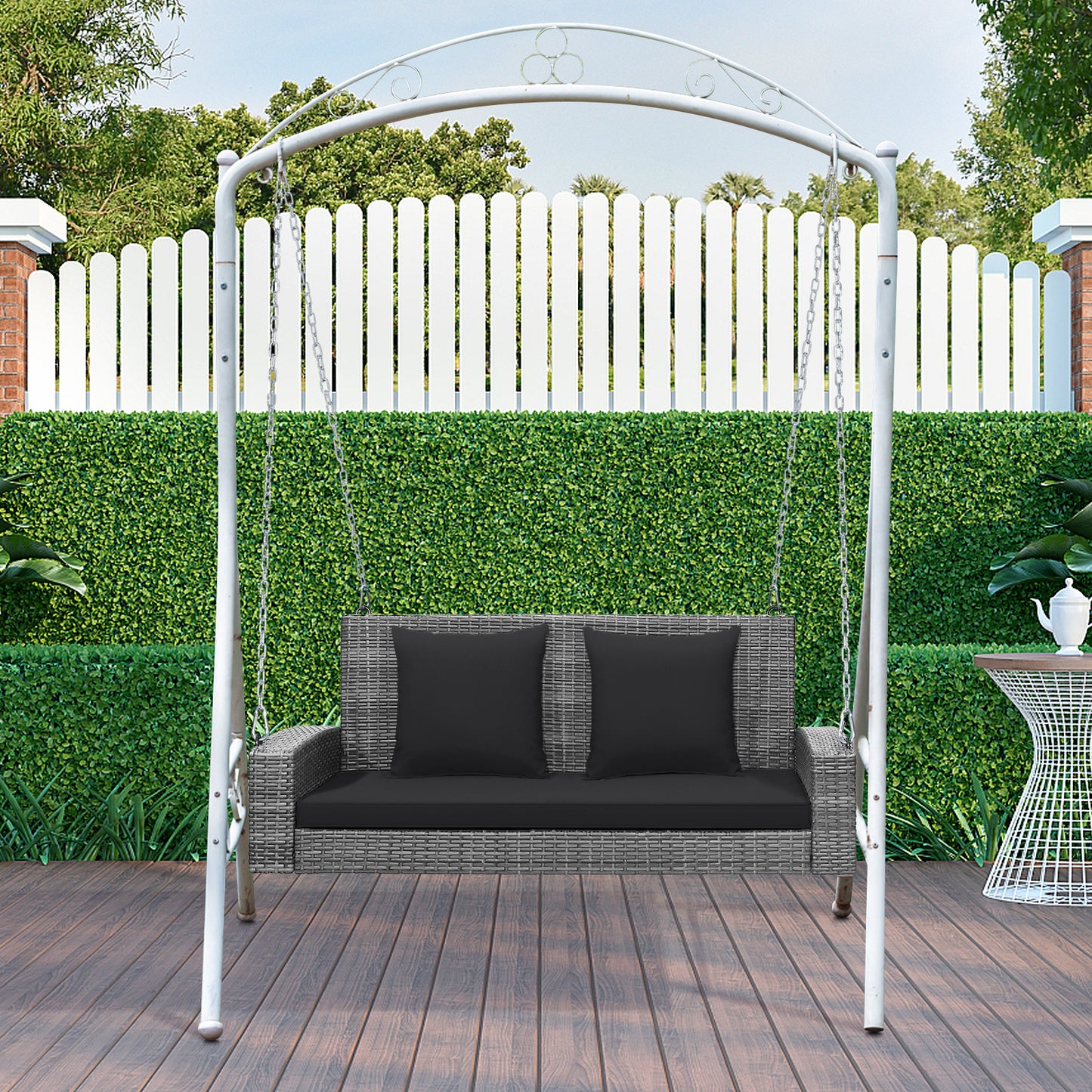 2-Person Patio PE Wicker Hanging Porch Swing Bench Chair Cushion 800 Pounds-Black Kids Crystal