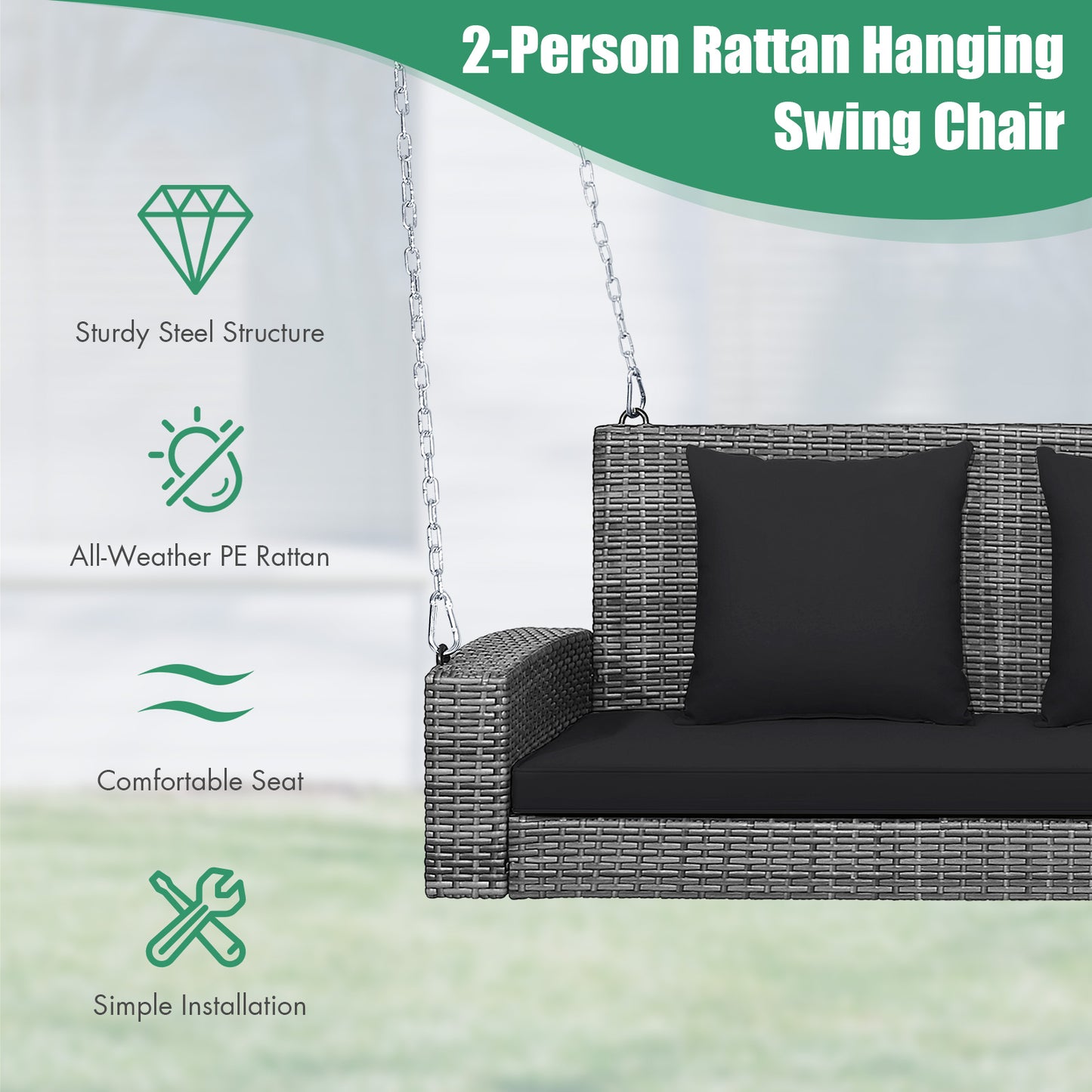 2-Person Patio PE Wicker Hanging Porch Swing Bench Chair Cushion 800 Pounds-Black Kids Crystal