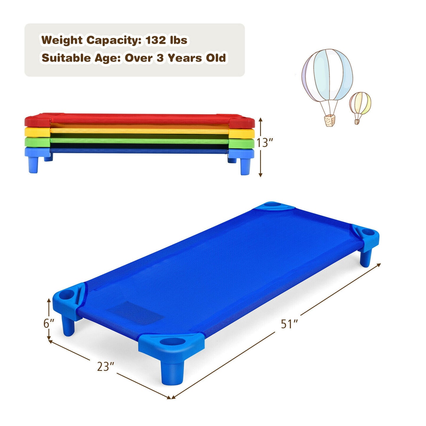 Pack of 4 Colorful Kids Stackable Naptime Cot Kids Crystal