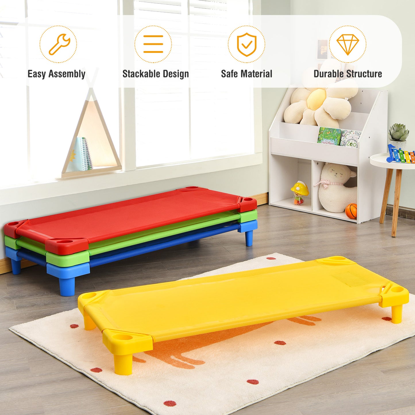 Pack of 4 Colorful Kids Stackable Naptime Cot Kids Crystal