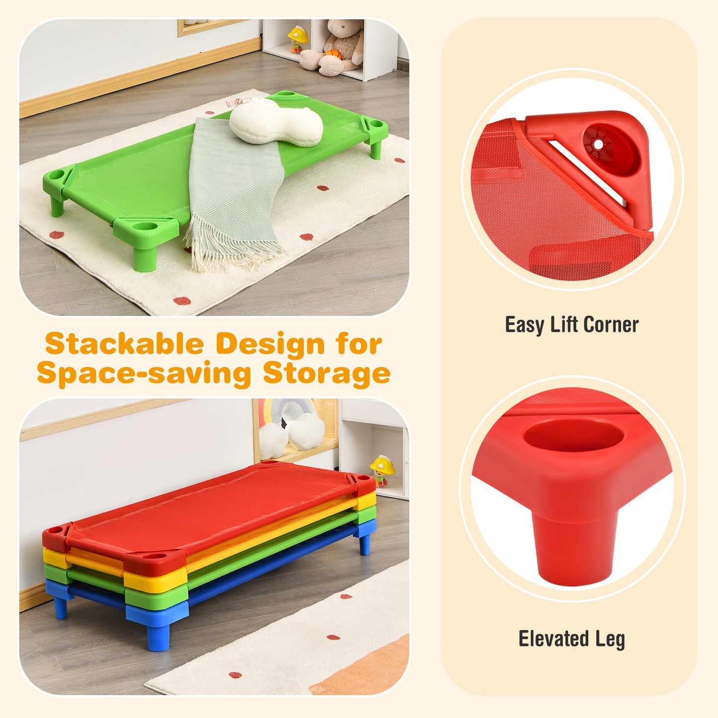 Pack of 4 Colorful Kids Stackable Naptime Cot Kids Crystal