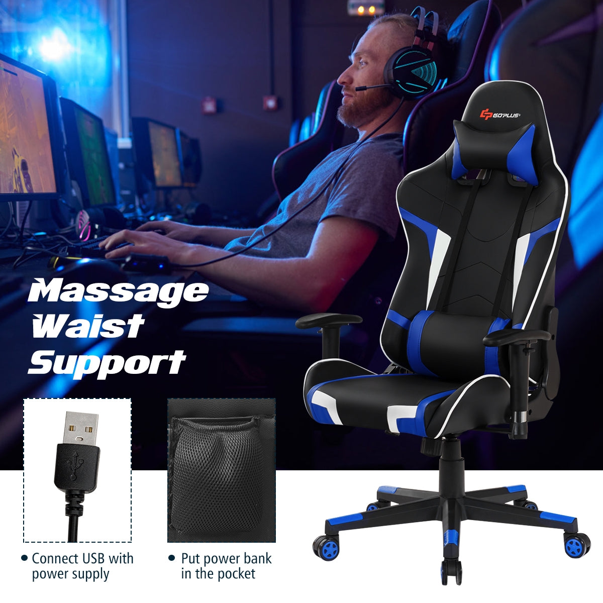 Reclining Swivel Massage Gaming Chair with Lumbar Support-Blue Kids Crystal