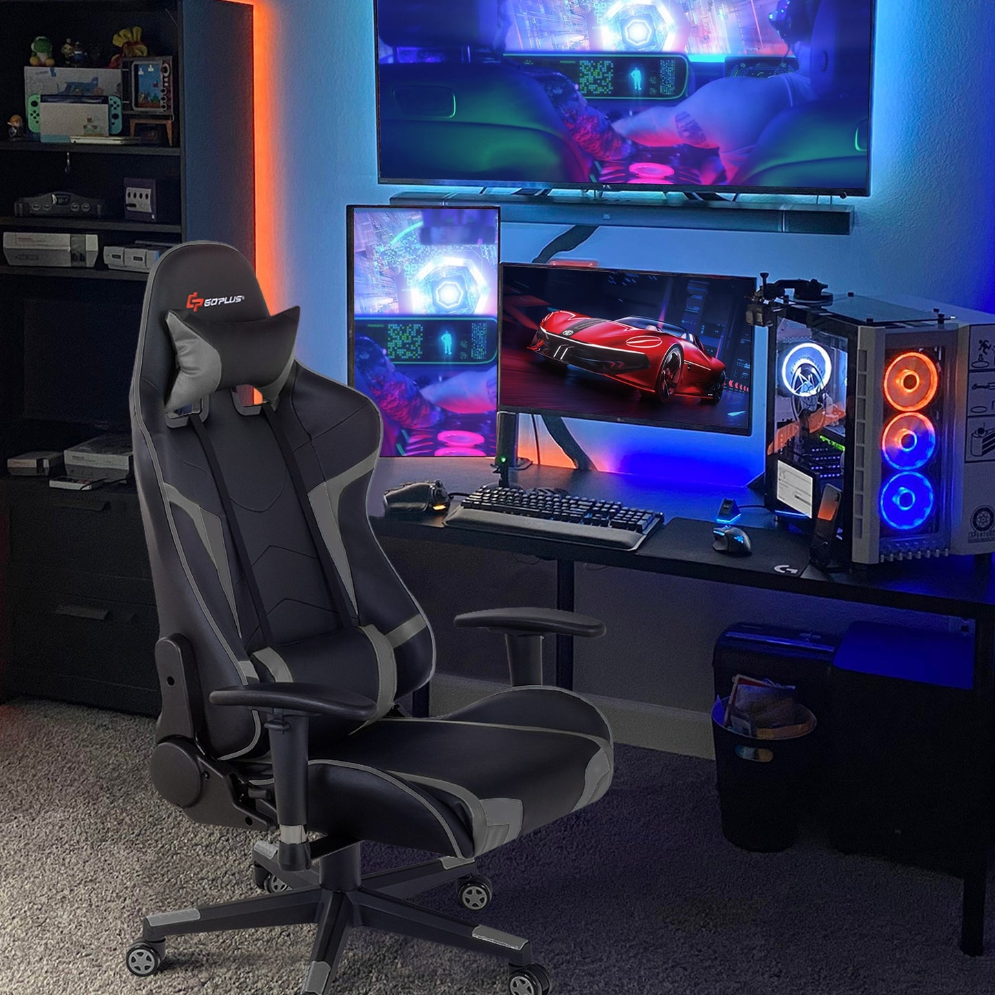 Reclining Swivel Massage Gaming Chair with Lumbar Support-Gray Kids Crystal