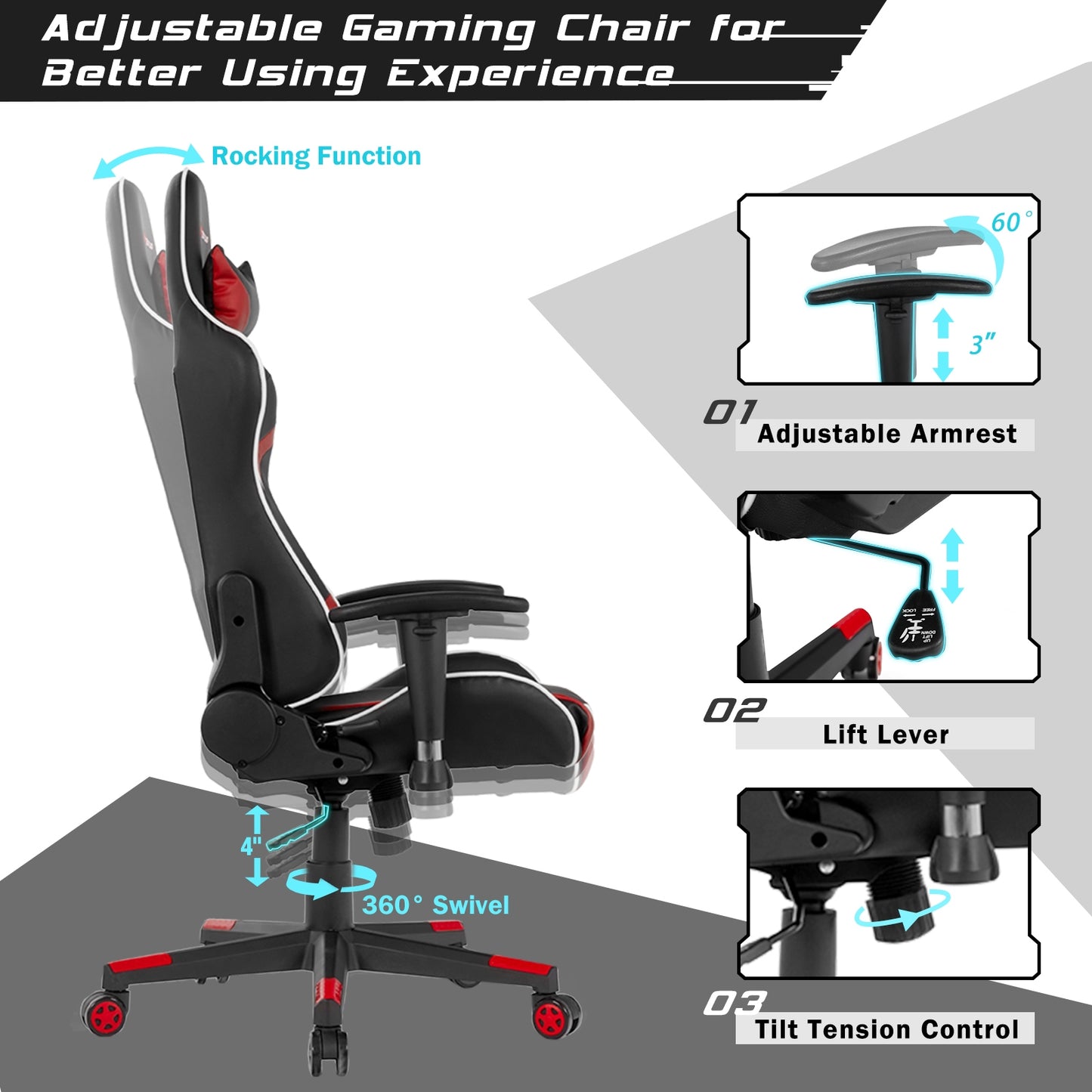 Reclining Swivel Massage Gaming Chair with Lumbar Support-Red Kids Crystal