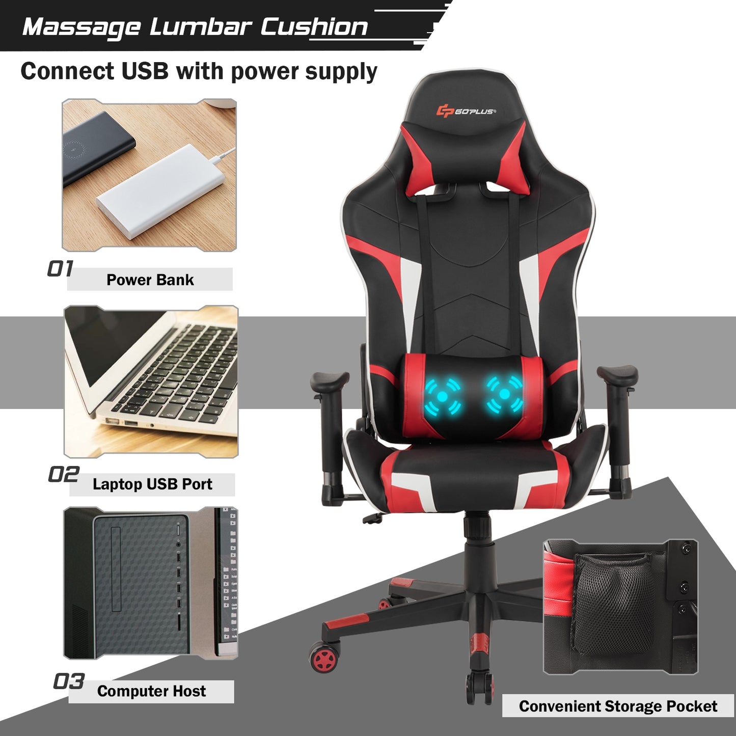 Reclining Swivel Massage Gaming Chair with Lumbar Support-Red Kids Crystal