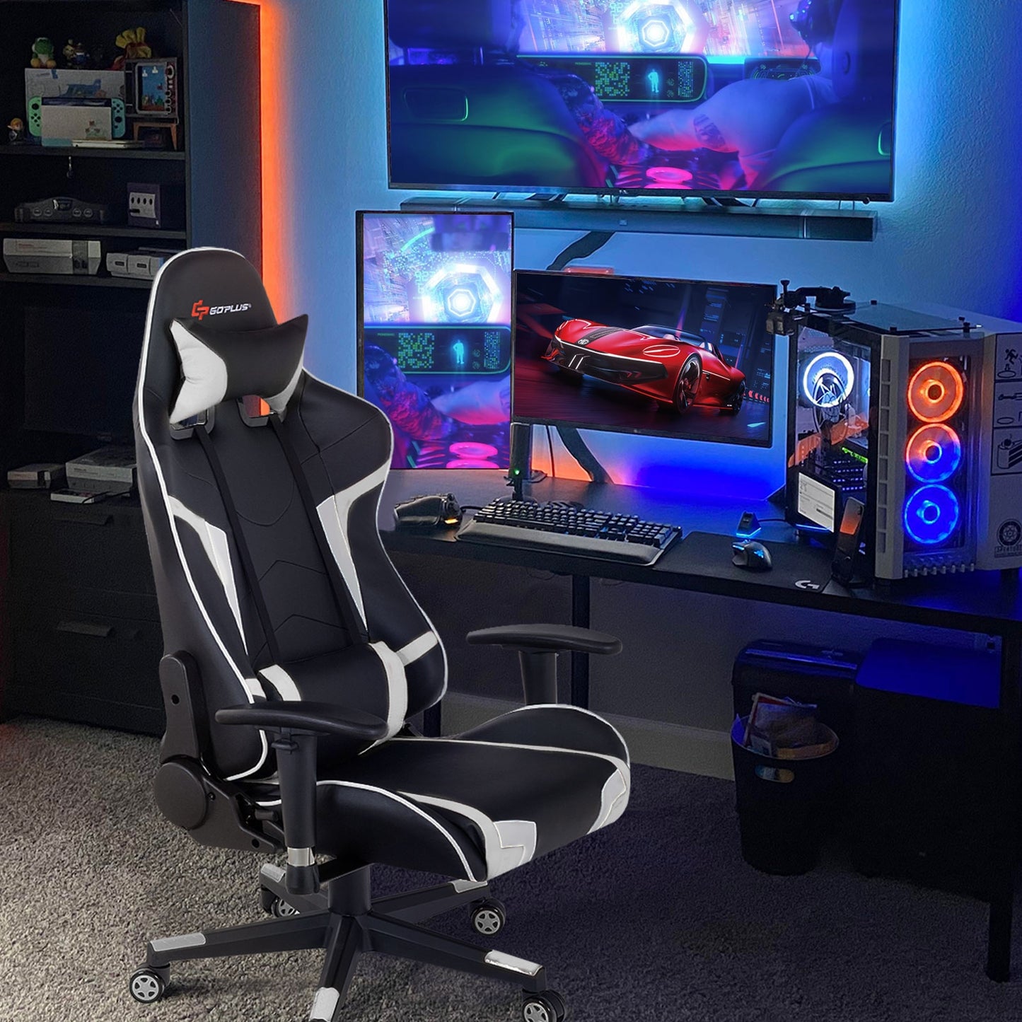Reclining Swivel Massage Gaming Chair with Lumbar Support-White Kids Crystal