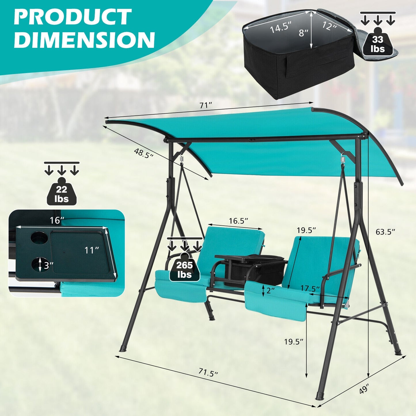 Porch Swing Chair with Adjustable Canopy-Turquoise Kids Crystal