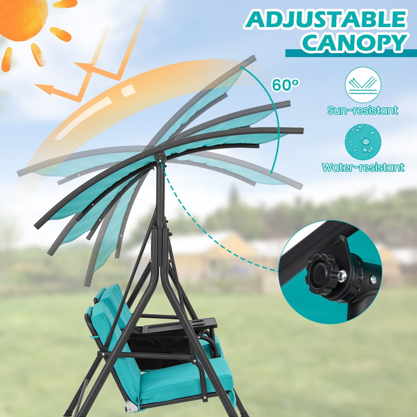 Porch Swing Chair with Adjustable Canopy-Turquoise Kids Crystal