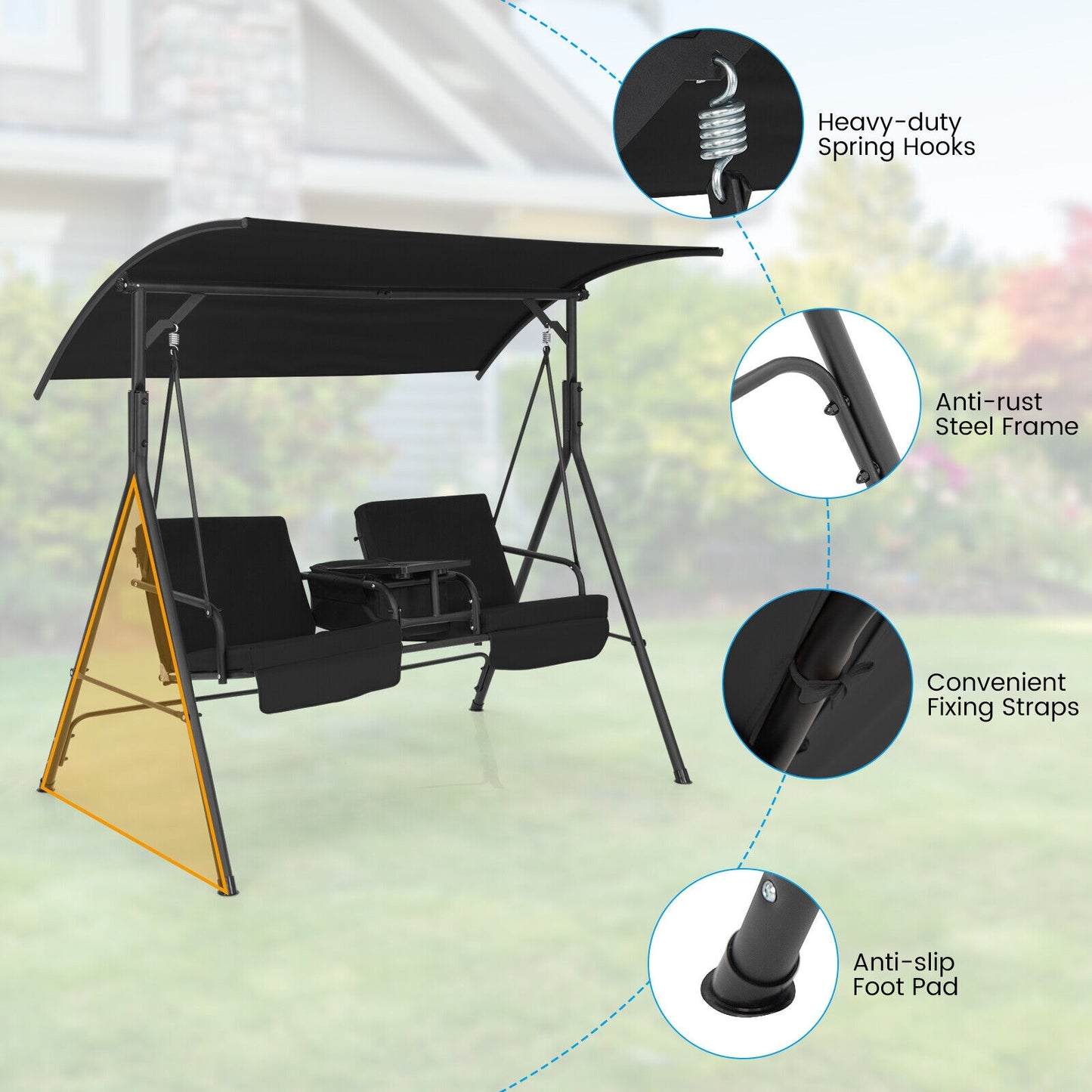 Porch Swing Chair with Adjustable Canopy-Black Kids Crystal