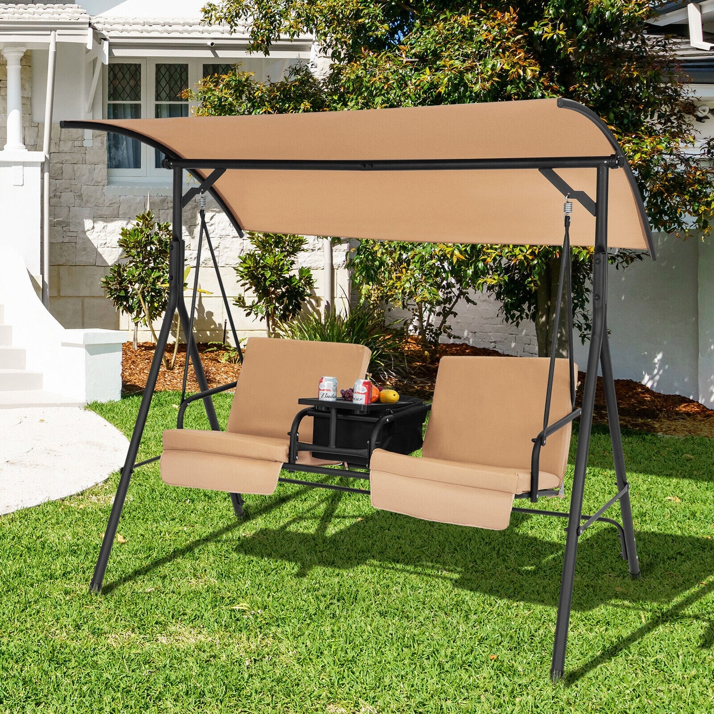 Porch Swing Chair with Adjustable Canopy-Beige Kids Crystal