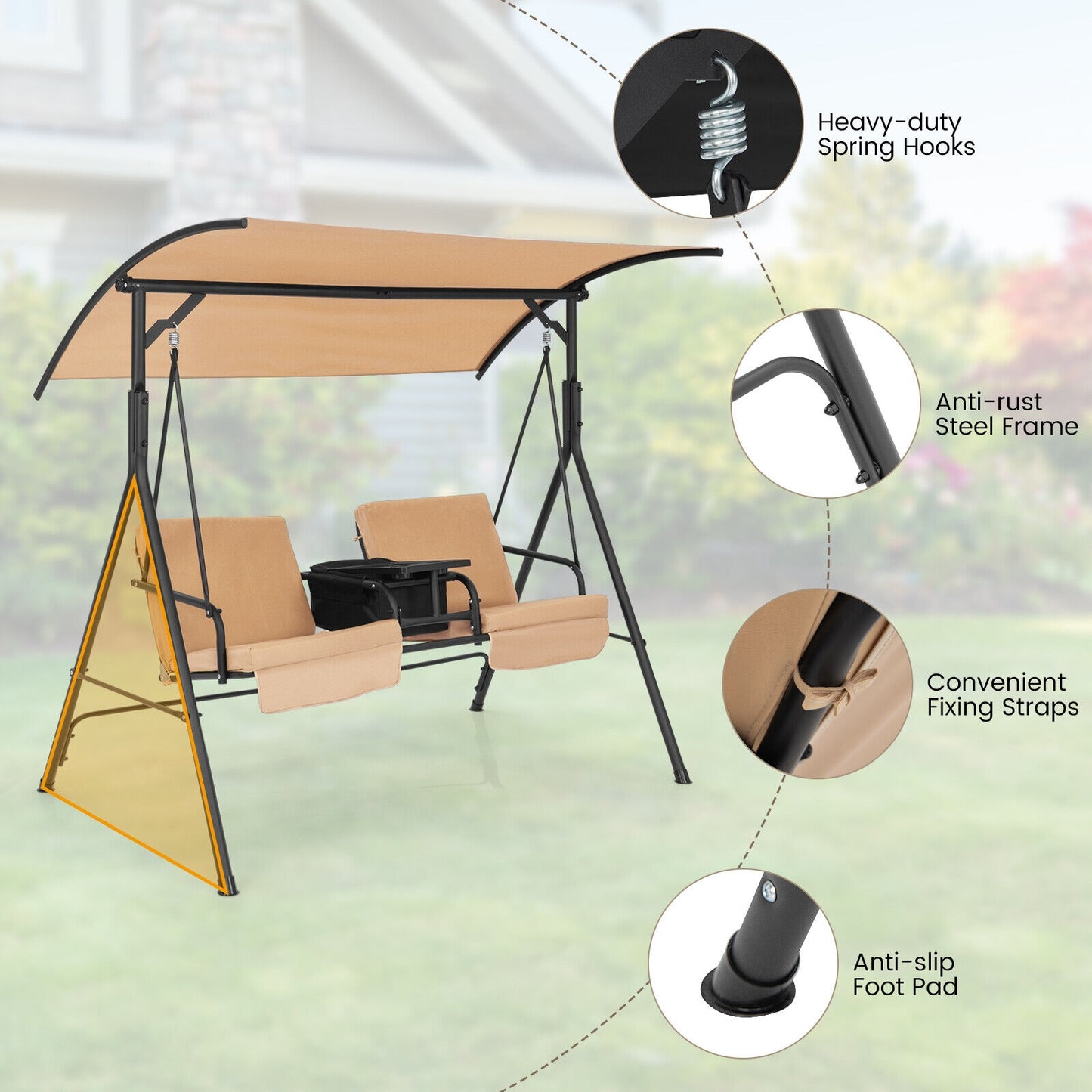 Porch Swing Chair with Adjustable Canopy-Beige Kids Crystal