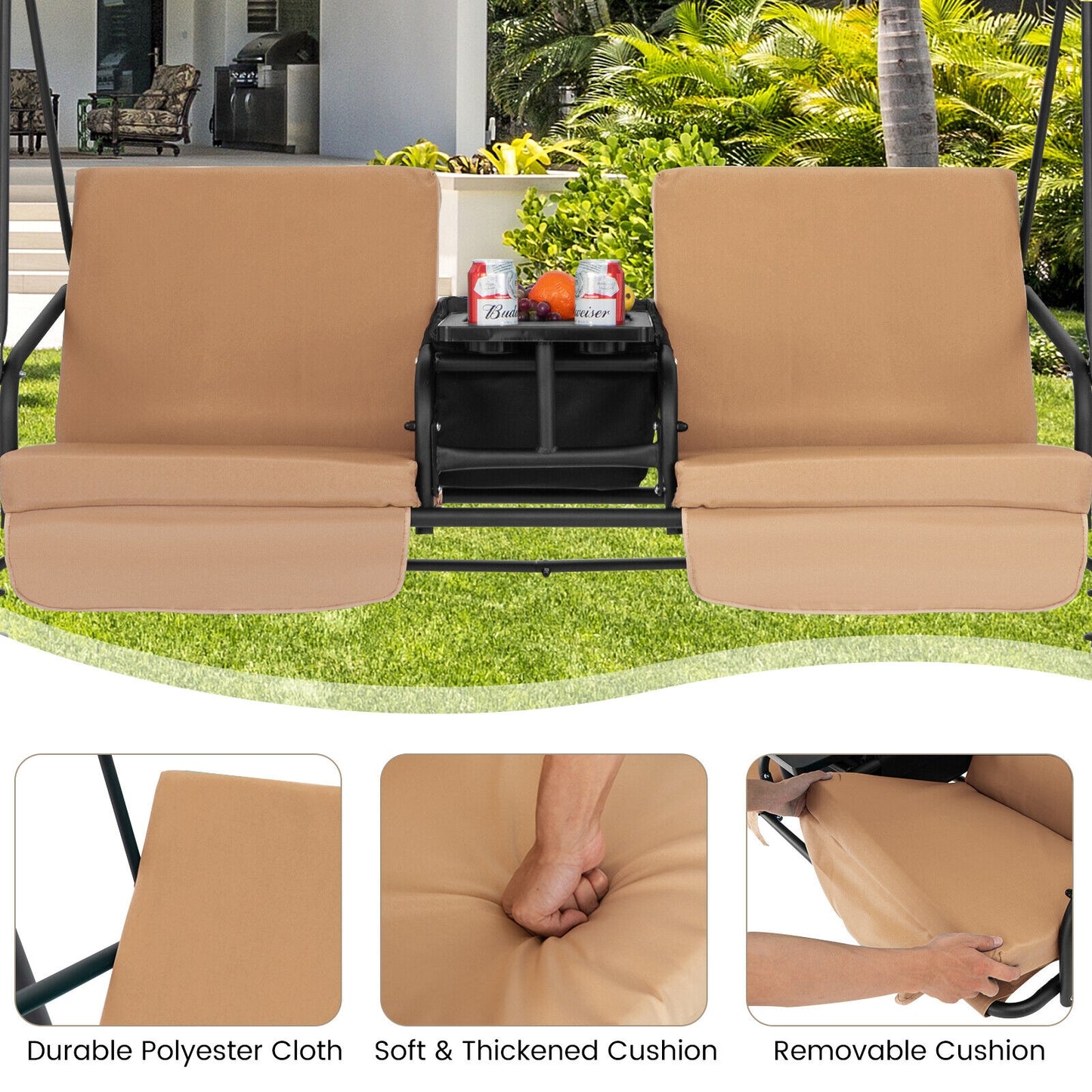 Porch Swing Chair with Adjustable Canopy-Beige Kids Crystal