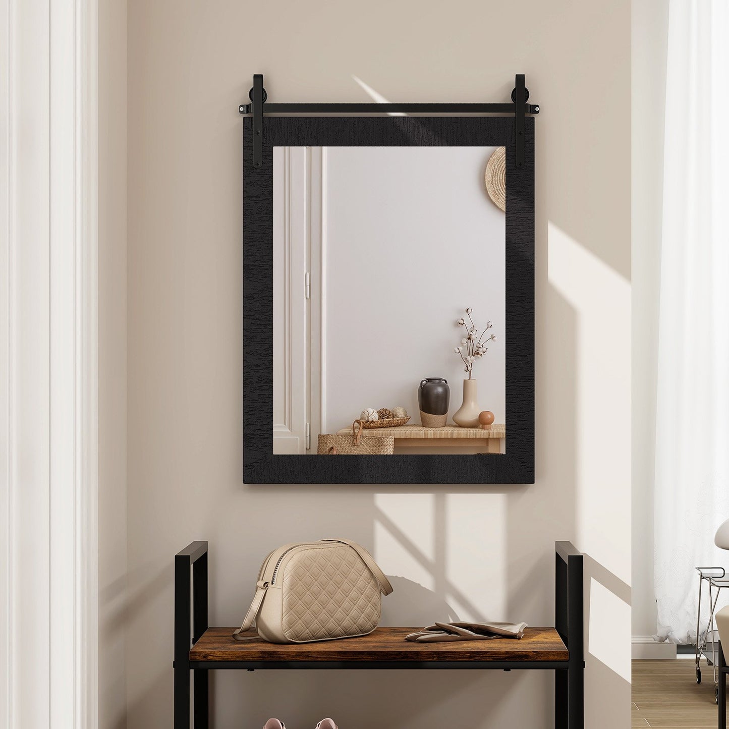 30 x 22 Inch Wall Mount Mirror with Wood Frame-Black Kids Crystal