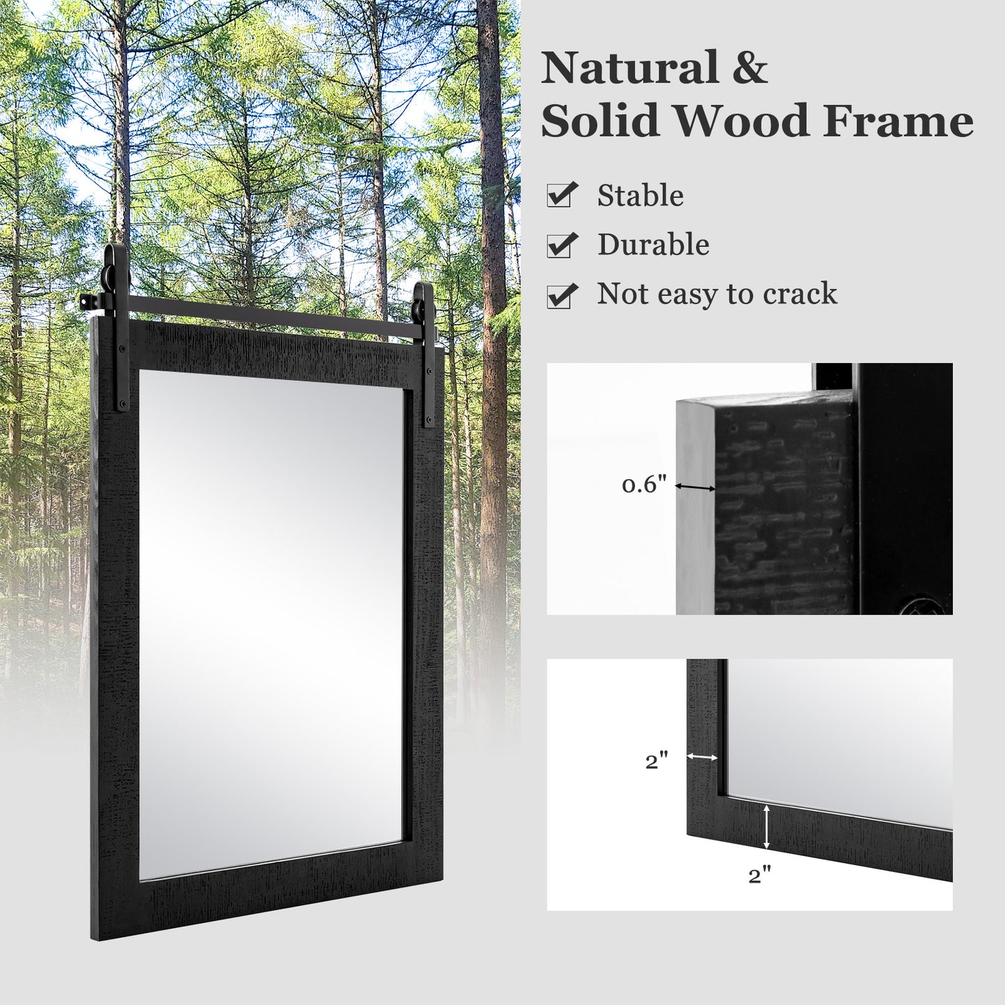 30 x 22 Inch Wall Mount Mirror with Wood Frame-Black Kids Crystal