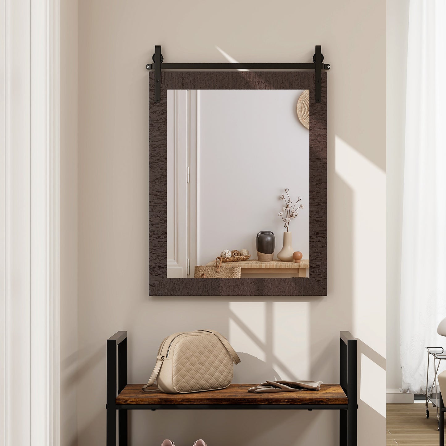 30 x 22 Inch Wall Mount Mirror with Wood Frame-Walnut Kids Crystal