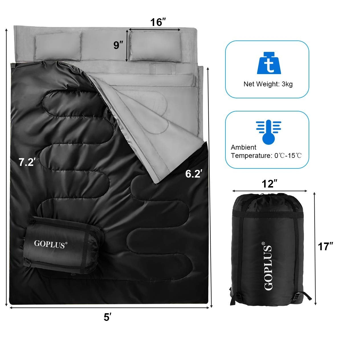 2 Person Waterproof Sleeping Bag with 2 Pillows-Black Kids Crystal
