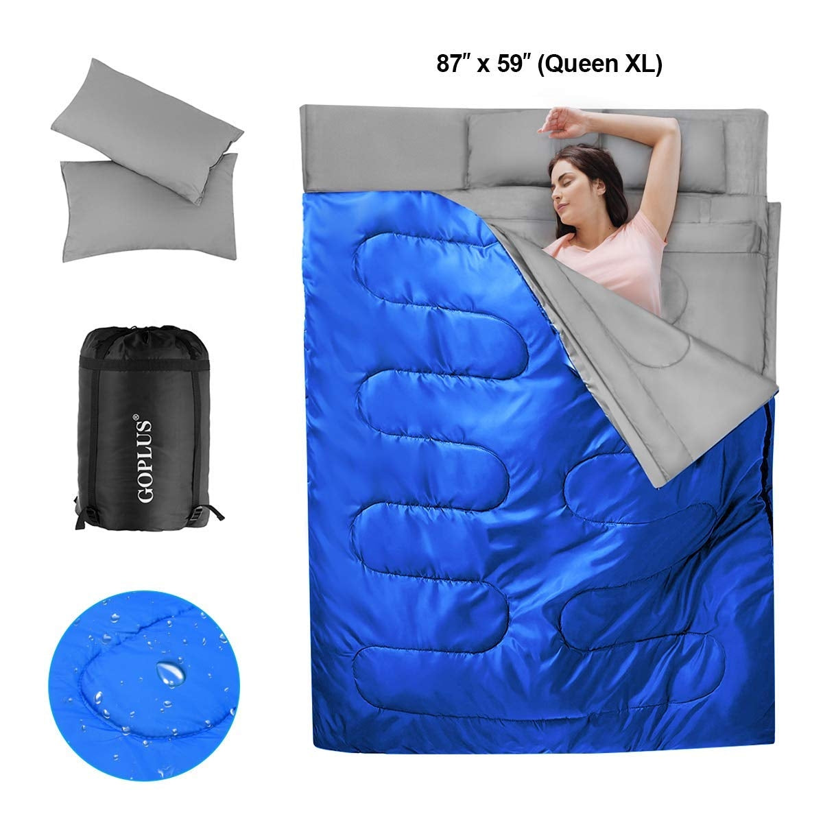 2 Person Waterproof Sleeping Bag with 2 Pillows-Blue Kids Crystal