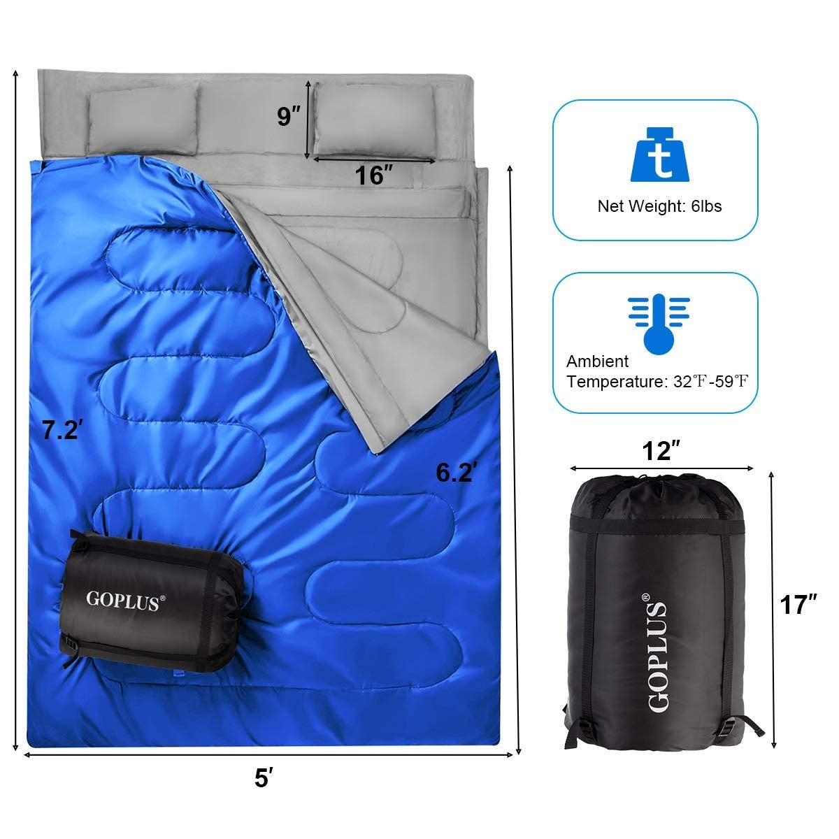 2 Person Waterproof Sleeping Bag with 2 Pillows-Blue Kids Crystal