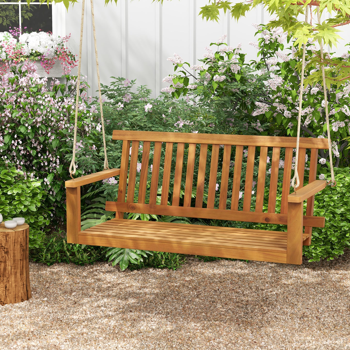 2-Seat Acacia Wood Porch Swing Bench with 2 Hanging Hemp Ropes Kids Crystal