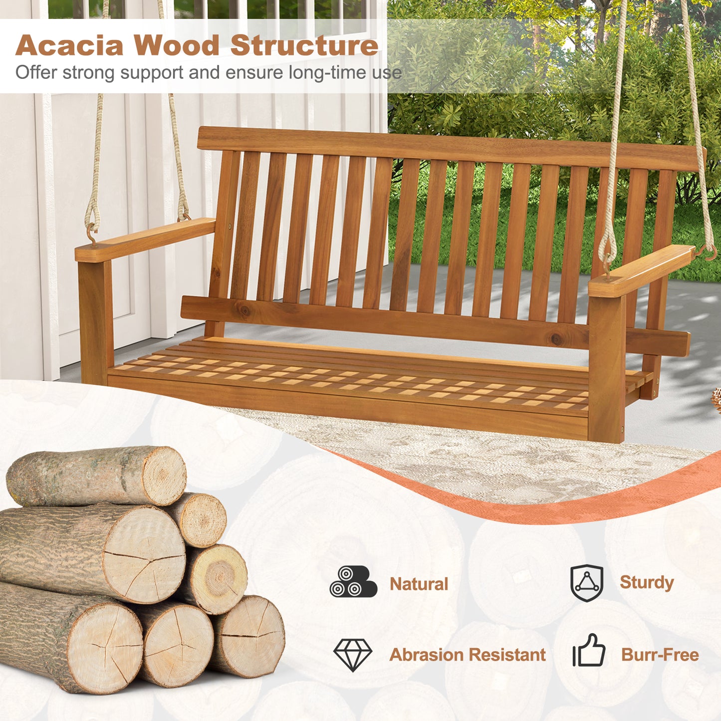 2-Seat Acacia Wood Porch Swing Bench with 2 Hanging Hemp Ropes Kids Crystal