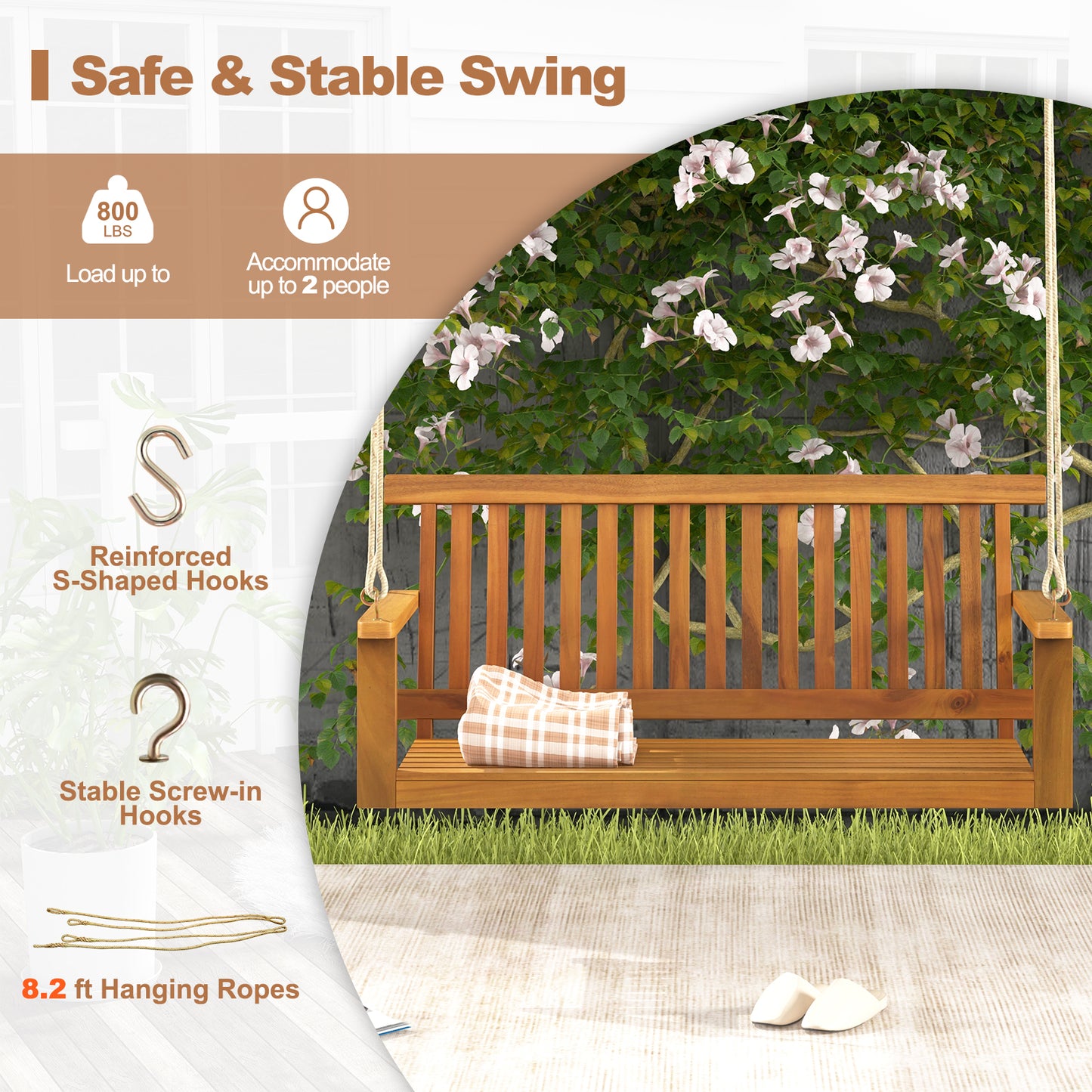 2-Seat Acacia Wood Porch Swing Bench with 2 Hanging Hemp Ropes Kids Crystal
