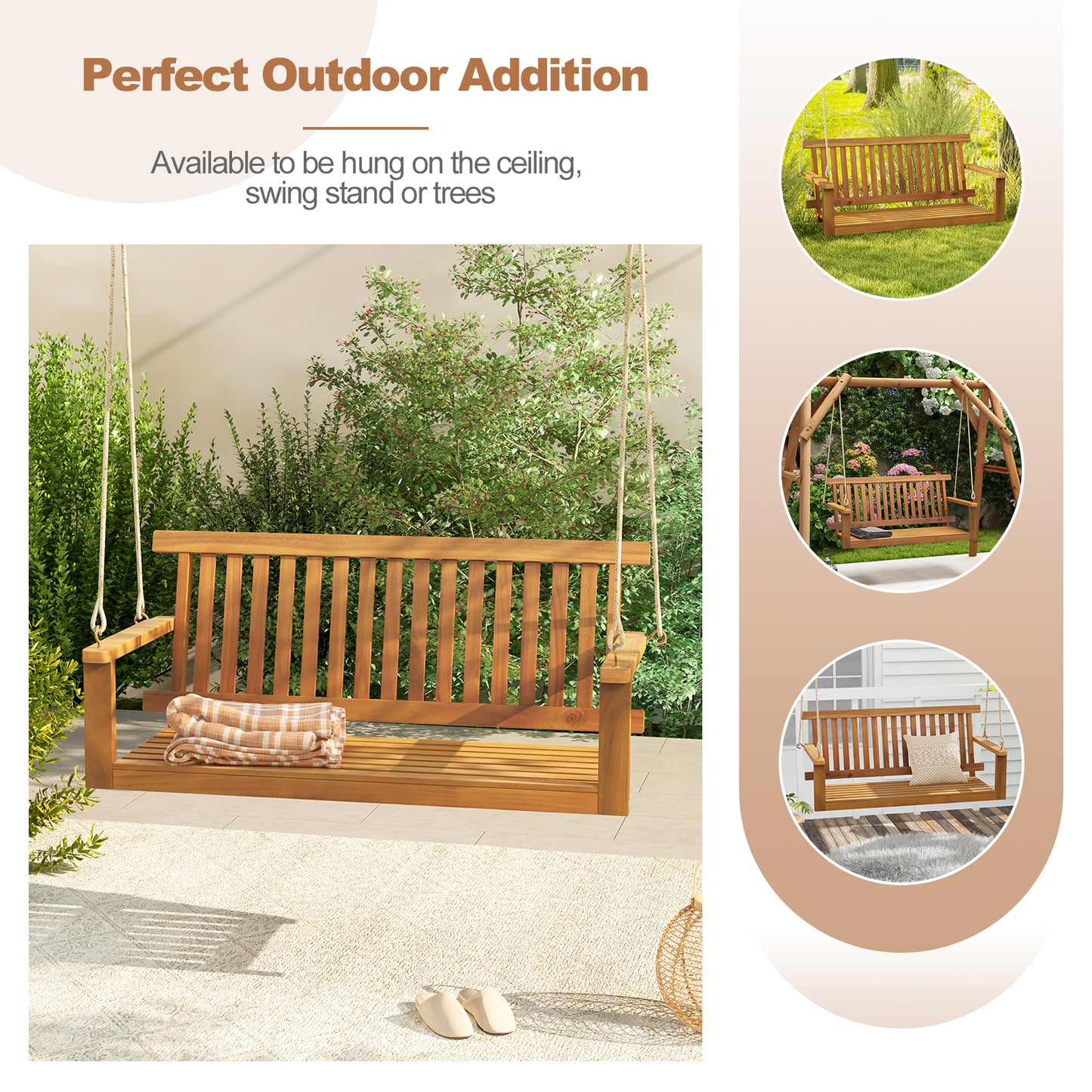 2-Seat Acacia Wood Porch Swing Bench with 2 Hanging Hemp Ropes Kids Crystal
