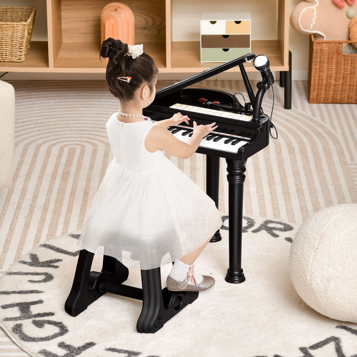 31 Keys Kids Piano Keyboard with Stool and Piano Lid-Black Kids Crystal